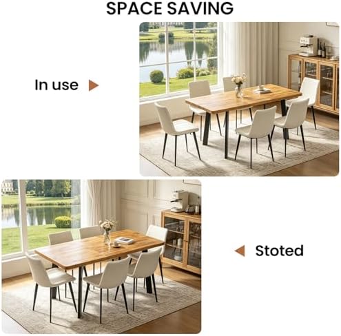 47.2"-63" Expandable Dining Room Table Set for 4-8 People, Walnut | Removable Extension Leaf, Durable MDF Rectangle Top, 6 Beige Sleek Faux Leather Chairs, Heavy Duty Modern Kitchen Table Set
