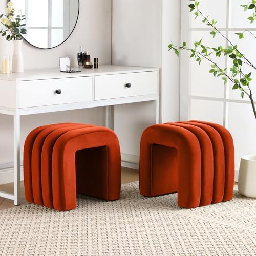 ONEVOG Velvet Pouf Ottoman, Small Ottoman Foot Rest for Couch, 18 Inch Cute Vanity Chairs for Makeup, Living Room Decorative, Sturdy Frame, Upholstered Modern Footrest for Bedroom, Dorm, Rust, 2Pcs