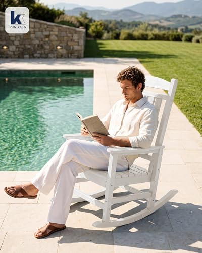 KINGYES Oversized Outdoor Rocking Chairs Set of 2, HDPE Porch Rocker, White | - Rocking Chairs for Outdoor with Wide Seat - 350LBS Support for Adults