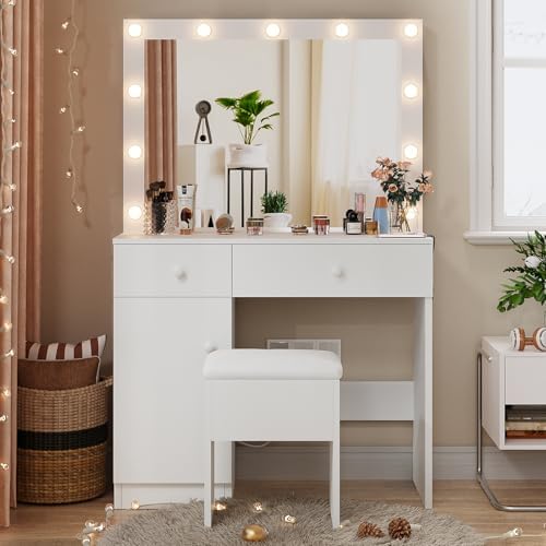 Haewon White Makeup Vanity Desk with Lighted Mirror and Storage Chiar Set | 11 LED Light Bulbs, 3 Lighting Modes, Built-In Charging Station, Storage Cabinet and Drawe for Bedroom