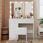 Haewon White Makeup Vanity Desk with Lighted Mirror and Storage Chiar Set | 11 LED Light Bulbs, 3 Lighting Modes, Built-In Charging Station, Storage Cabinet and Drawe for Bedroom
