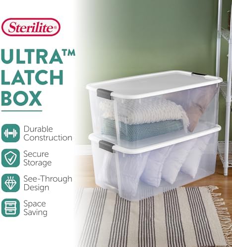 Sterilite Ultra Latch Box with Lids for Home and Office, 116 Quart, 8-Pack | Heavy-Duty and Stackable Plastic Containers with Latches for Closet, Cabinet, Bedroom, Bathroom and Dorm Room Organization