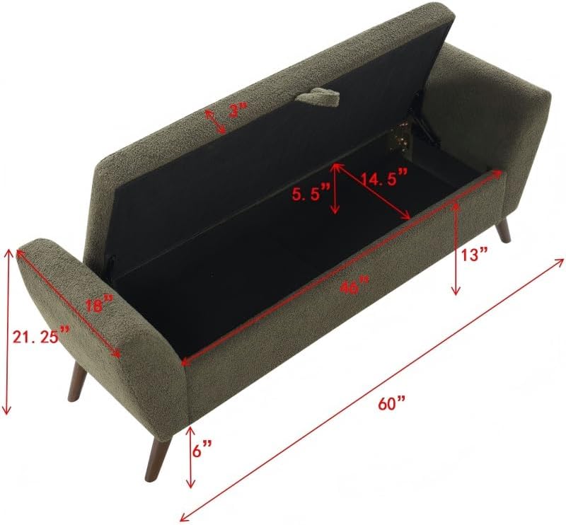 60'' Modern Upholstered Storage Ottoman Bench with Mid-Century Wood Legs, Entryway Bench with Hidden Storage for Living Room, Bedroom, and End of Bed, Comfort Padded Seat (B-Green)