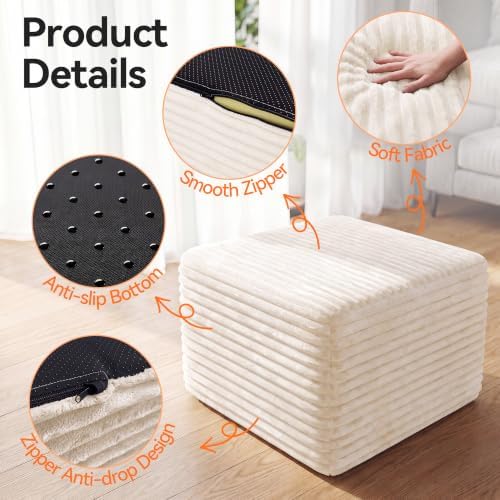 23in Square Pouf Ottoman, Large Corduroy Ottoman Foot Rest with Solid High-Density Foam, Removable Washable Cover, Soft Floor Foot Stool for Living Room, Bedroom, Beige