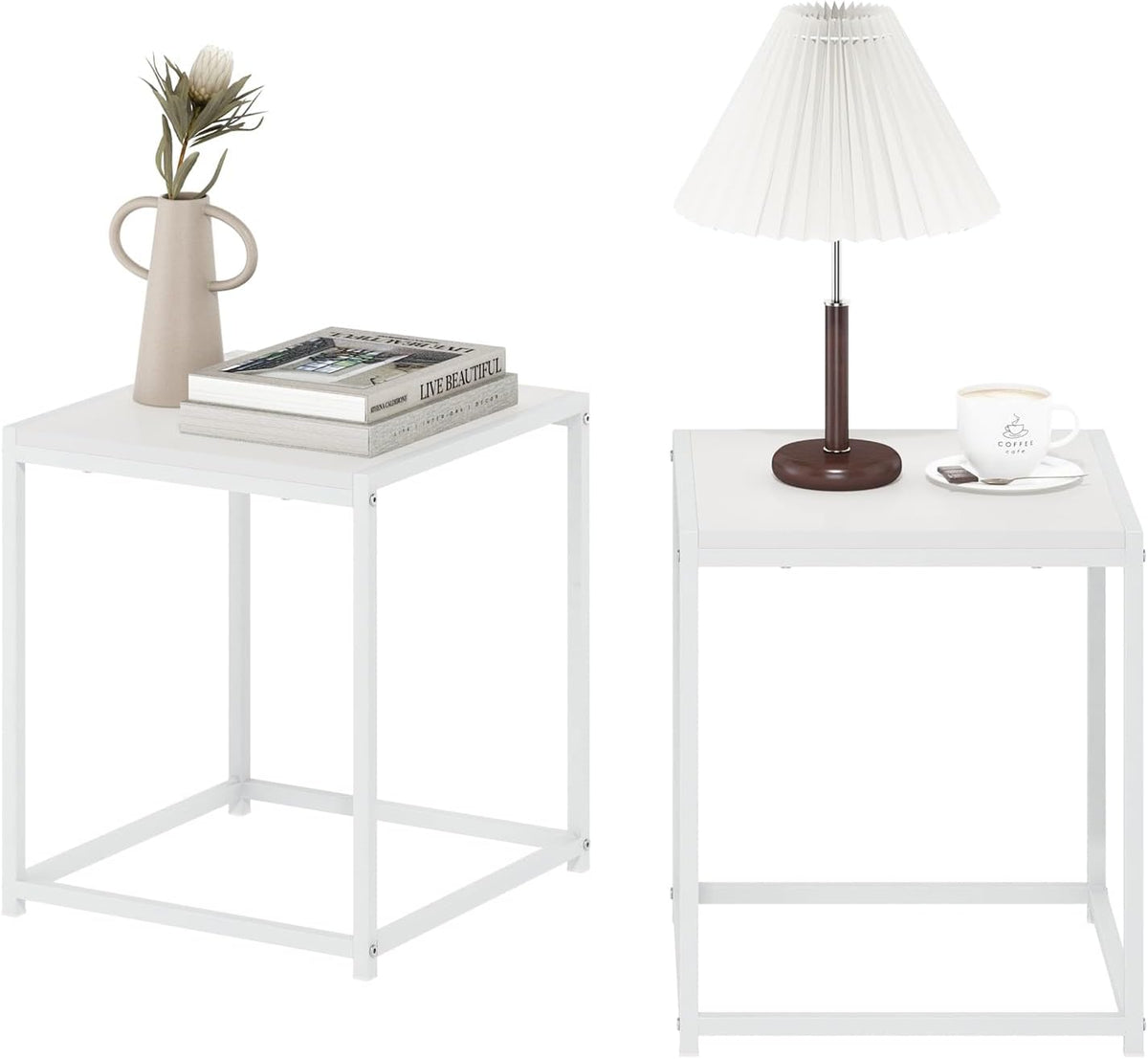 Furinno CAMNUS Side Table Set of 2, Metal Frame End Table, Night Stand, Bedside Table, Easy Assembly, for Living Room, Bedroom, White