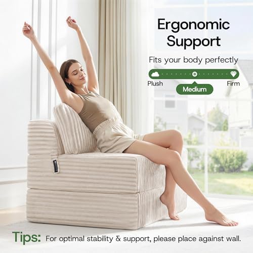 Convertible 4-in-1 Folding Sofa Bed Sleeper Chair Couch Foldable Chaise Lounger & Mattress Pocket Coils+Foam Fill Medium Support, No Assembly for Living Room/Bedroom, Twin Beige