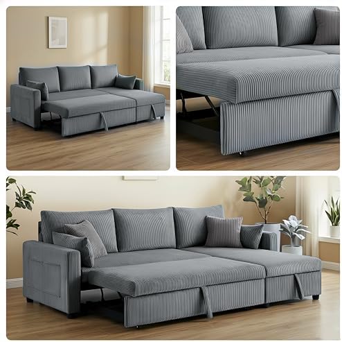 Ball & Cast 86" Sectional Sleeper Sofa Bed Pull Out Couches for Living Room | L Shaped Convertible Pull Out Sofa Bed with Reversible Storage Chaise and Side Pocket, 3-Seat Sofa for Small Space Apartment