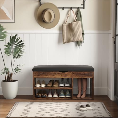 Apicizon 31 Inches Storage Bench with Padded Cushion, Shoe Bench with Storage Space, Upholstered Entryway Bench for Living Room, 2-Tier Shoe Rack Organizer, Brown