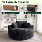 56''Oversized Round Chair Lounge Chaise Indoor with Cup Holders & Side Pocket, Corduroy Cloud Circle Single Deep Seat Chair, Modern Comfy Floor Sofa with Heart Pillows for Living Room,Bedroom