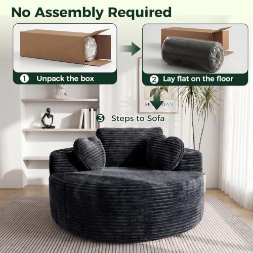 56''Oversized Round Chair Lounge Chaise Indoor with Cup Holders & Side Pocket, Corduroy Cloud Circle Single Deep Seat Chair, Modern Comfy Floor Sofa with Heart Pillows for Living Room,Bedroom