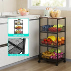 HapiRm Fruit Basket Kitchen Cart - 4-Tier Rolling Storage Cart with Wheels, Fruit Vegetable Basket with Wood Top, Pantry Utility Kitchen Organizer for Fruit Potato Onion Vegetable Bread Snack