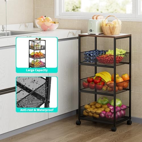 HapiRm Fruit Basket Kitchen Cart - 4-Tier Rolling Storage Cart with Wheels, Fruit Vegetable Basket with Wood Top, Pantry Utility Kitchen Organizer for Fruit Potato Onion Vegetable Bread Snack