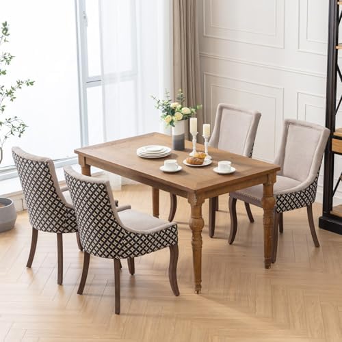 Beige Pattern Upholstered Dining Chairs Set of 4, Farmhouse Kitchen Chairs | Nailhead trim; solid wood legs; breathable fabric; high back; easy assembly; heavy duty dining chairs 400 lb capacity