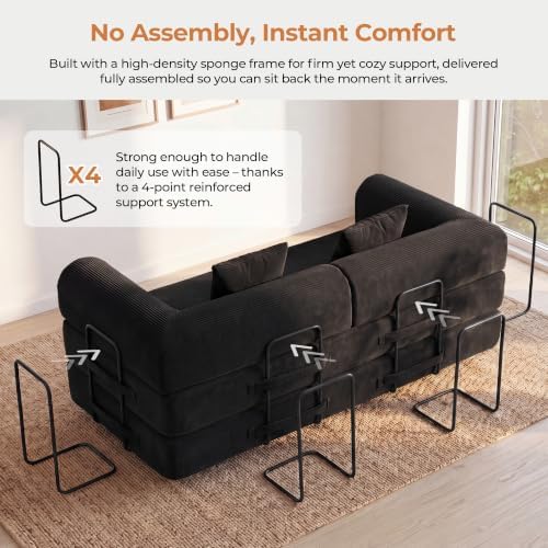 79" Convertible Futon Sofa Bed, Couch for Living Room | Corduroy Loveseat Sleeper Sofa, Modular Futon Couch with Fixed-Shape Frame, Pull Out Couch No Assembly | Black