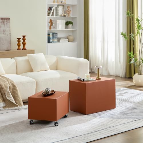 2-Piece Small Cube Side Table and Rolling Side Table Set | Modern Movable End Tables with Silent Casters Minimalist Cube Accent Side Table for Living Room, Bedroom