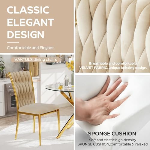 Modern Dining Chairs Set of 4, Beige Velvet Woven Kitchen Chair with Golden Metal Legs, Upholstered Cushion & High Back Design, Mid-Century Dining Chairs for Kitchen, Living Room