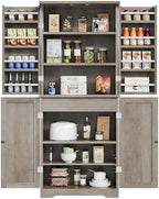 Vongrasig Kitchen Pantry Storage Cabinet with Barn Doors, Drawer and Adjustable Shelves, 6-Tier Tall Rustic Wood Cupboard Locker for Kitchen, Dining Room, Living Room, Bathroom, Rustic Grey