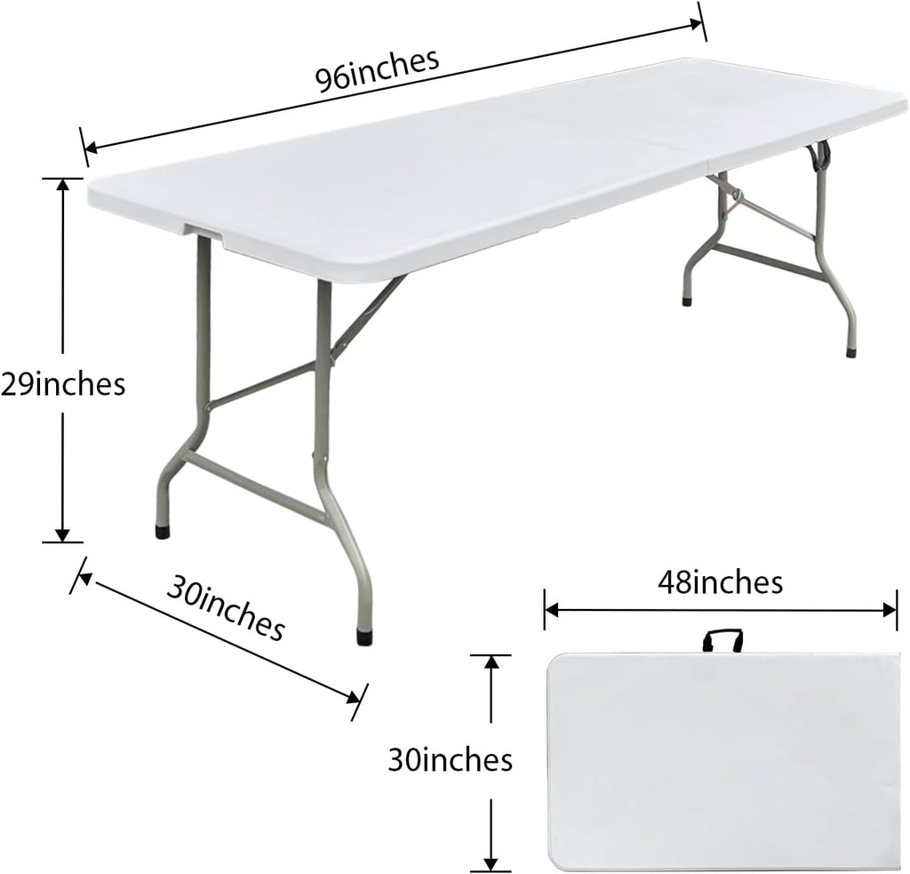 8ft Folding Table Heavy Duty 8 Foot Portable Foldable Table | Carry Handle, Fold-in-Half Design, Blow Molded Tabletop, Perfect for Party, Dining, Banquet, Picnic and Camping, White