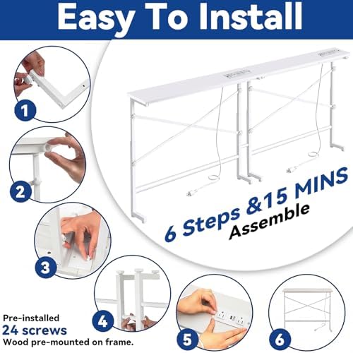 78.8inch Adjustable Height Narrow Sofa Side Table with 2 Power Outlets, Couch Behind Table for Small Space, Hallway, Entryway, Bedside, Bedroom, Stable, Easy to Assemble & Clean