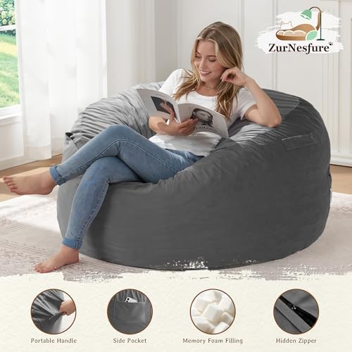 ZurNesfure Bean Bag Chairs for Adults 3FT with Memory Foam Grey, Medium | Giant Bean Bag Chair, Lazy Sofa with Machine Washable Cover, Lightweight, Beanbag for Living Room Bedroom Dorm