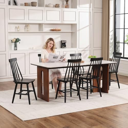 Black Dining Chairs Set of 6, Farmhouse Windsor Spindle Back | 17.5" Wide Seat, Solid Wood, Armless Design, Mid Century Modern, Kitchen & Dining Room Chairs, Easy Assembly