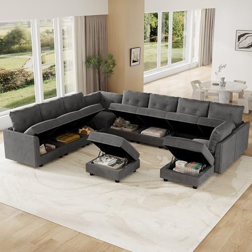 LLappuil 11-Seat Modular Sectional Sofa with Storage, Oversized V-Shaped Corduroy Couch with 10 Throw Pillows, Pet-Friendly Convertible Pit Sofa for Large Living Room, Skin-Friendly, Grey