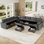 LLappuil 11-Seat Modular Sectional Sofa with Storage, Oversized V-Shaped Corduroy Couch with 10 Throw Pillows, Pet-Friendly Convertible Pit Sofa for Large Living Room, Skin-Friendly, Grey