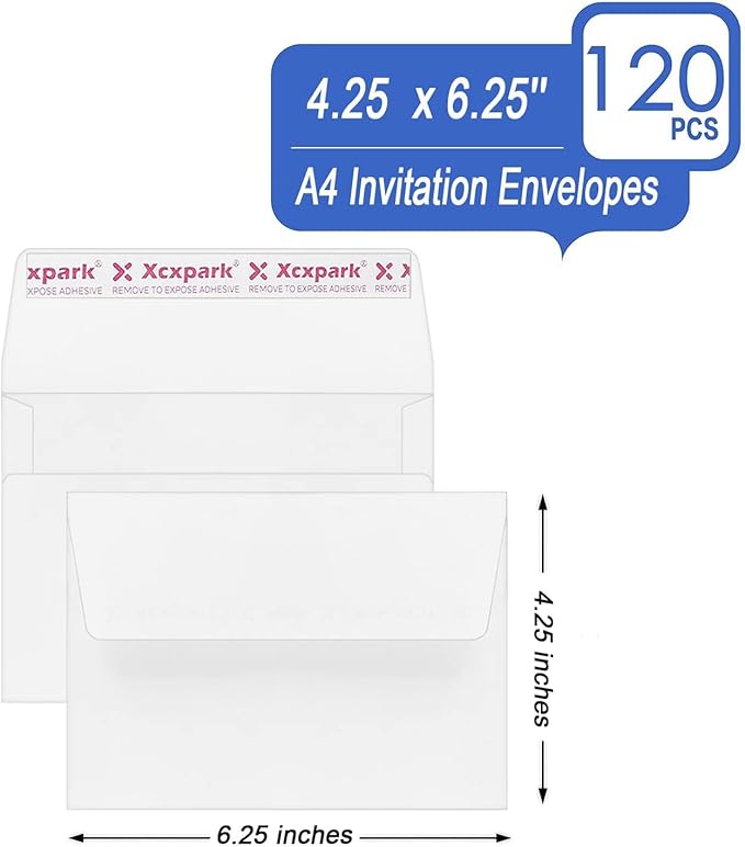 120 Qty Printable A4 Invitation Envelopes 4.25 x 6.25 Cards, Self Seal 120GSM white Paper Envelopes for Invitations, Papers, Photos, Documents, Wedding, Baby Shower, Easy to Seal and Peel