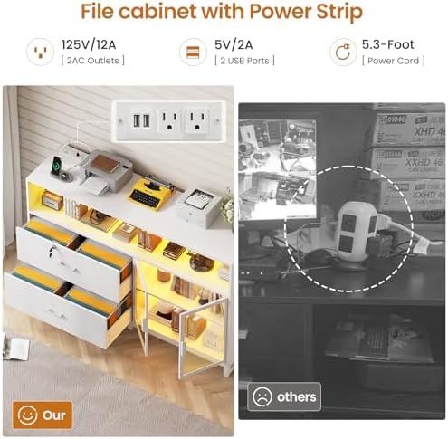 SEDETA 59" Filing Cabinet with Lock Drawers fits Legal Size for Home Office | White Lateral 2 Drawers File Cabinet with Acrylic Display Cabinet, Power Strip, Printer Stand with Storage Shelves for Office