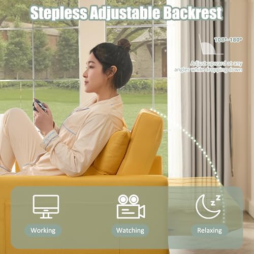 GOSUHI 52" 3-in-1 Convertible Sleeper Sofa Bed, Linen, Yellow | Pull-Out Bed, Stepless Adjustable Backrest, Side Pocket, Compact Loveseat, Living Room, Dorm & Apartment