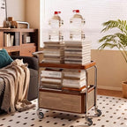 Brown Wood Rolling Side Table - 2-Tier Multi-Functional Utility Cart with Rattan Basket & Handle for Living Room, Bedroom, Home Organization, Modern Decor