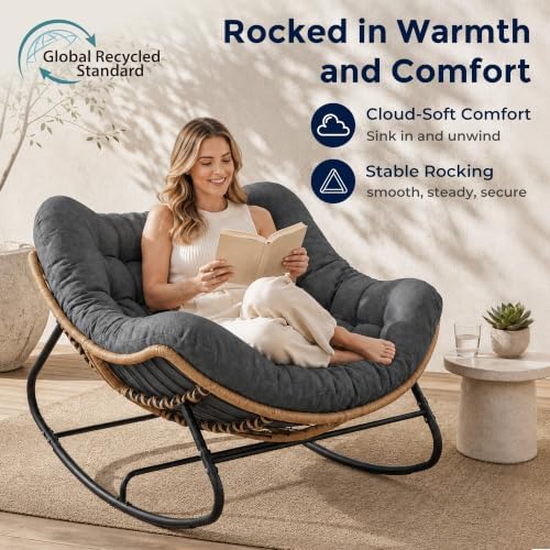 SWITTE Papasan Rocking Chair, Outdoor Wicker Egg Rocker with Cushion, Grey | Comfy Oversized Reading Chair, Cozy 30°-Rock Bed with 6" Cushion, Steel Frame 450LBS Capacity for Patio Porch Lawn