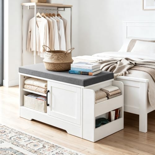Farmhouse Shoe Storage Bench with 3-in-1 Entryway Storage & Padded Seat | 27.8" Wide Entryway Bench with Adjustable Shelves, Shoe Organizer & Side Storage Rack for Living Room, Bedroom, White
