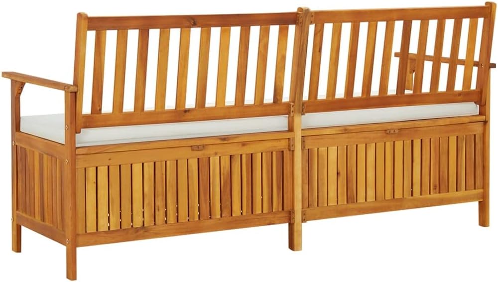 Outdoor Storage Bench with Cream Cushion, 67 Inch Acacia Wood Patio Entryway Furniture, Garden Deck Box with Seating and Padded Cushion, Brown