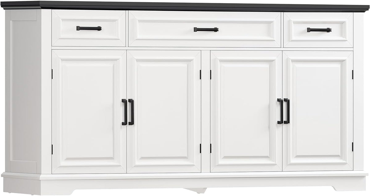 usikey 59” Large Buffet Cabinet with 4 Doors and 3 Drawers, Buffet Sideboard Cabinet with Storage and 2 Adjustable Shelves, Coffee Bar, Wine Bar for Living Room, White