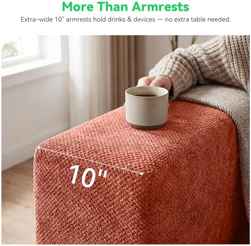 MONVANE U Shaped Sectional Couch Oversized, Chenille, Rust Red | 6-Seat Sectional Couch for Living Room, Modular Cloud Sofa with Ottoman & 6 Throw Pillows, No Assembly Required