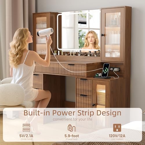 55" Vanity Desk with Mirror & Lights, Fluted Makeup Vanity with 8 Drawers & 4 Cabinets, Tempered Glass Top, RGB Cabinet Lighting, 3-Color Dimmable Mirror, and Charging Station