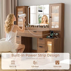 55" Vanity Desk with Mirror & Lights, Fluted Makeup Vanity with 8 Drawers & 4 Cabinets, Tempered Glass Top, RGB Cabinet Lighting, 3-Color Dimmable Mirror, and Charging Station
