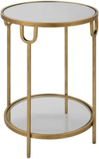 BOWERY HILL Round Two-Tier Iron Accent Table, Antique Gold Finish, Mirrored Top and Tempered Glass Shelf, 24.25" H x 17.25" W x 17.25" D, Elegant Design for Living Room or Bedroom Decor