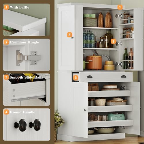 IRONCK 72" Kitchen Pantry Cabinet with Drawer and Sliding Racks, White | White wood pantry cabinet. 6 door shelves. 3 sliding racks. For kitchen, dining room, or hallway.