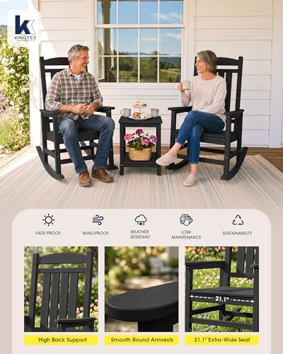 KINGYES Oversized Outdoor Rocking Chairs Set of 2, HDPE Porch Rocker, Black | - Rocking Chairs for Outdoor with Wide Seat - 350LBS Support for Adults