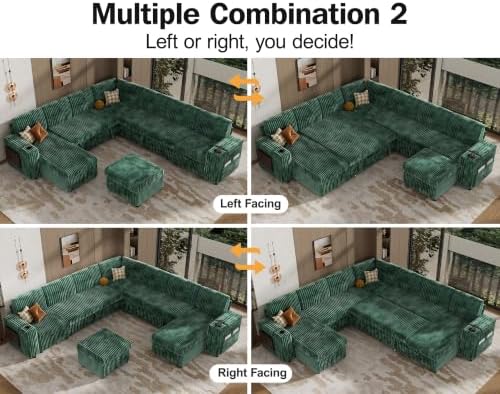 Vipbear 130" Modular Sectional Sleeper Sofa with Pull Out Bed, 9 Seat Corduroy L Shaped Couch with Ottoman and Chaise|USB Ports|Cup Holders|Side Table, Tool Free Assembly, Green