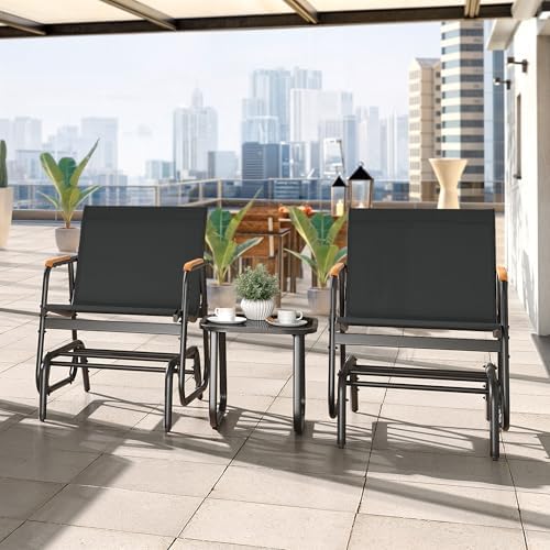 YITAHOME 3 Piece Patio Glider Set Textilene Gliders Outdoor Furniture Black | Heavy-duty Patio Glider Set w/Breathable Fabric, Smooth Gliding, Wooden Armrest, Tempered Glass Table, Easy Assembly Cleaning