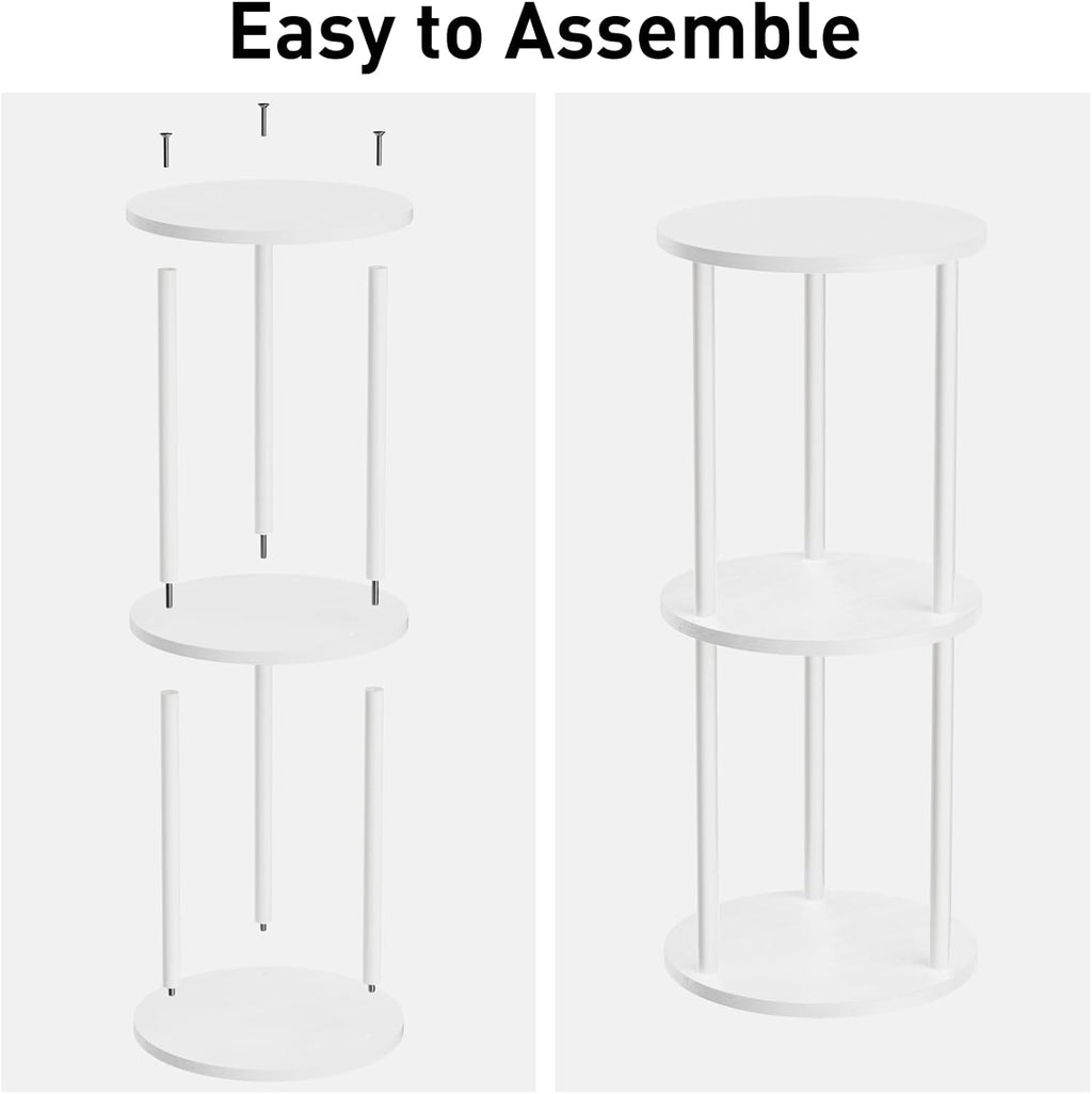 11.8'D Round Drink Table - 3-Tier Small Side Table with Wood Legs, End Table for Small Space, Balcony & Office | Space-Saving, Multi-Functional (Plants, Books, Drinks), White