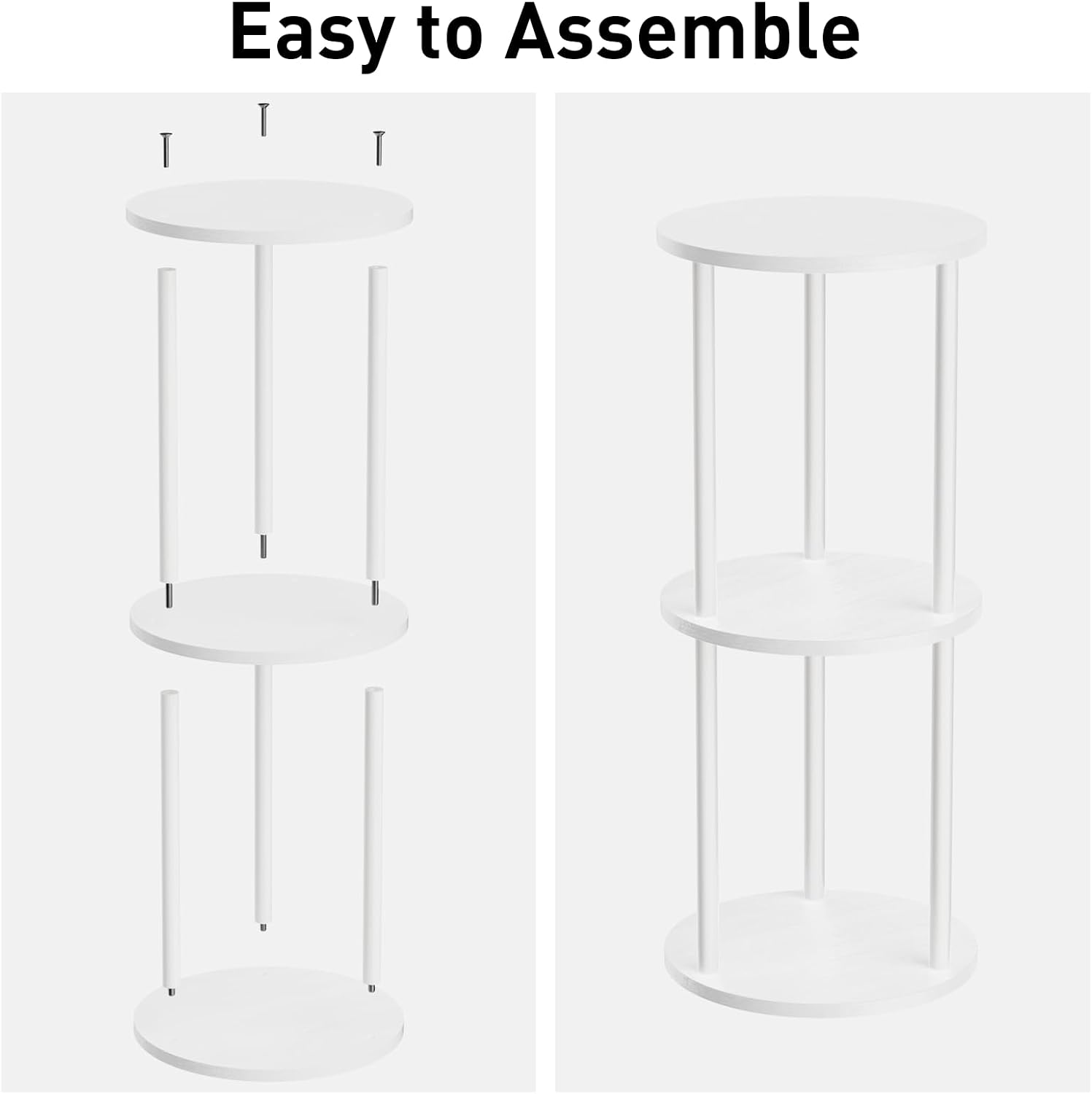 11.8'D Round Drink Table - 3-Tier Small Side Table with Wood Legs, End Table for Small Space, Balcony & Office | Space-Saving, Multi-Functional (Plants, Books, Drinks), White