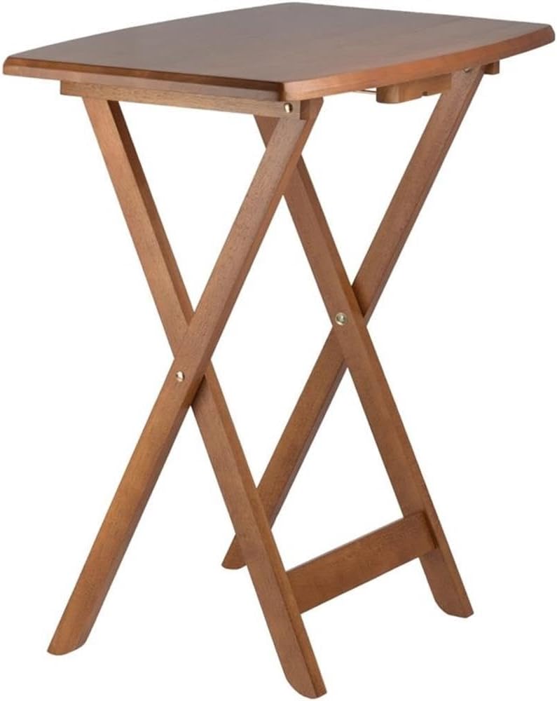 Pemberly Row 24" W x 12" D Transitional Oversized Solid Wood Snack Table Set with Storage Stand, Curved Sides, Rounded Corners, X-Frame Bases, No Assembly Required, in Brown Finish (Set of 5)