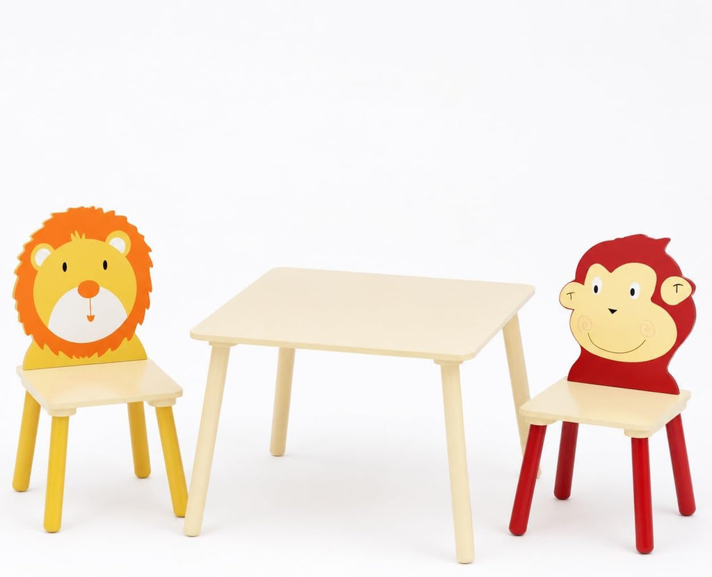 Kids Wood Table and 4 Chairs Set, Cartoon Animal Activity Furniture Ages 3- (3 Piece 1)
