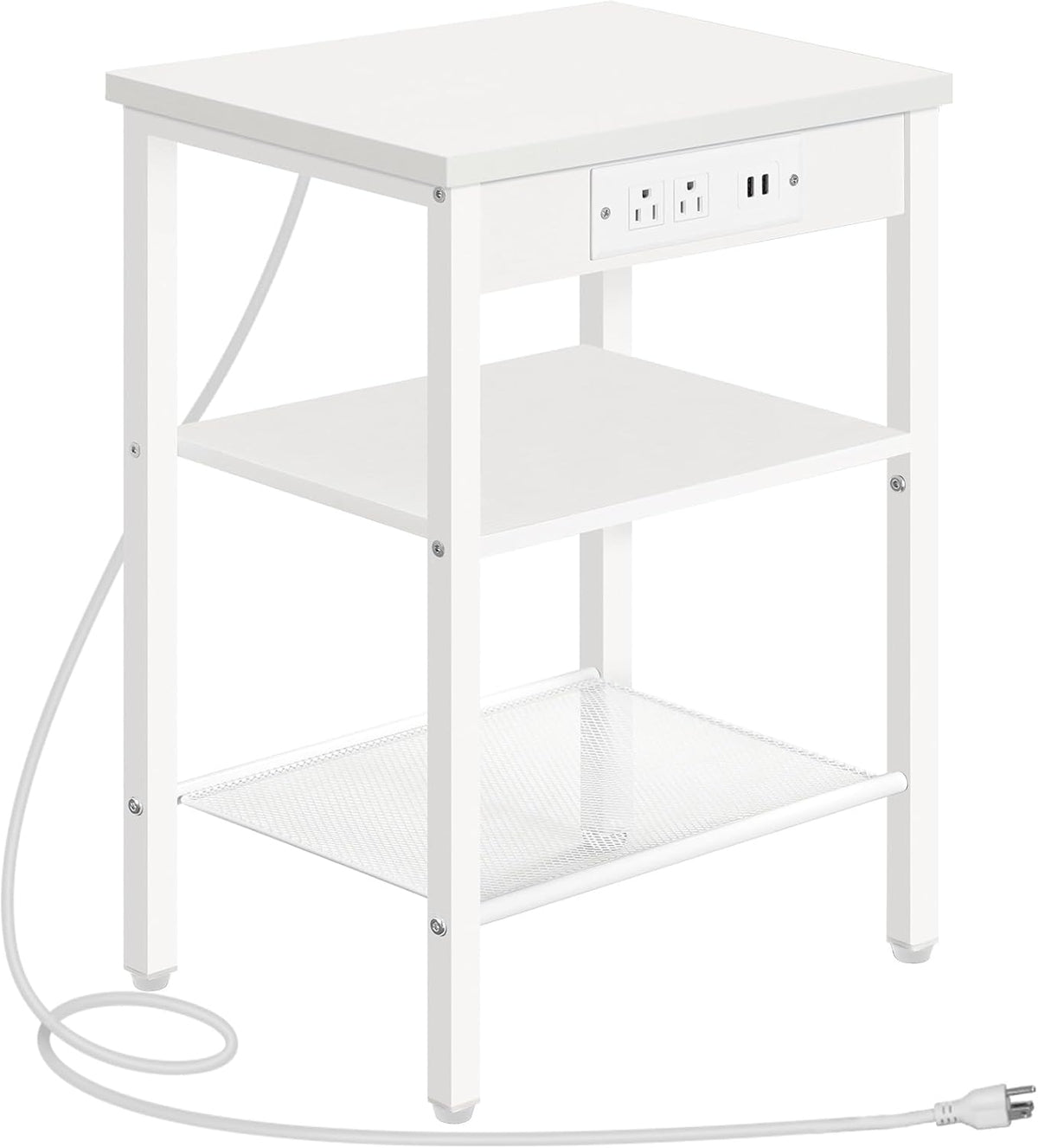 HOOBRO Side Table with Charging Station and USB Port, Small End Table for Small Space, 3-Tier Nightstand with Adjustable Shelf, for Living Room, Bedroom, White WW112BZ01