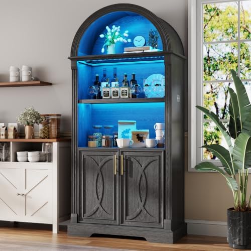 Vlsrka Kitchen Pantry Storage Cabinets with Adjustable Shelves, 71" Tall | Arched Wooden Cabinet with Doors, 3 Colors LED Lights, Motion Sensor, Freestanding, for Living/Dining Room, Black