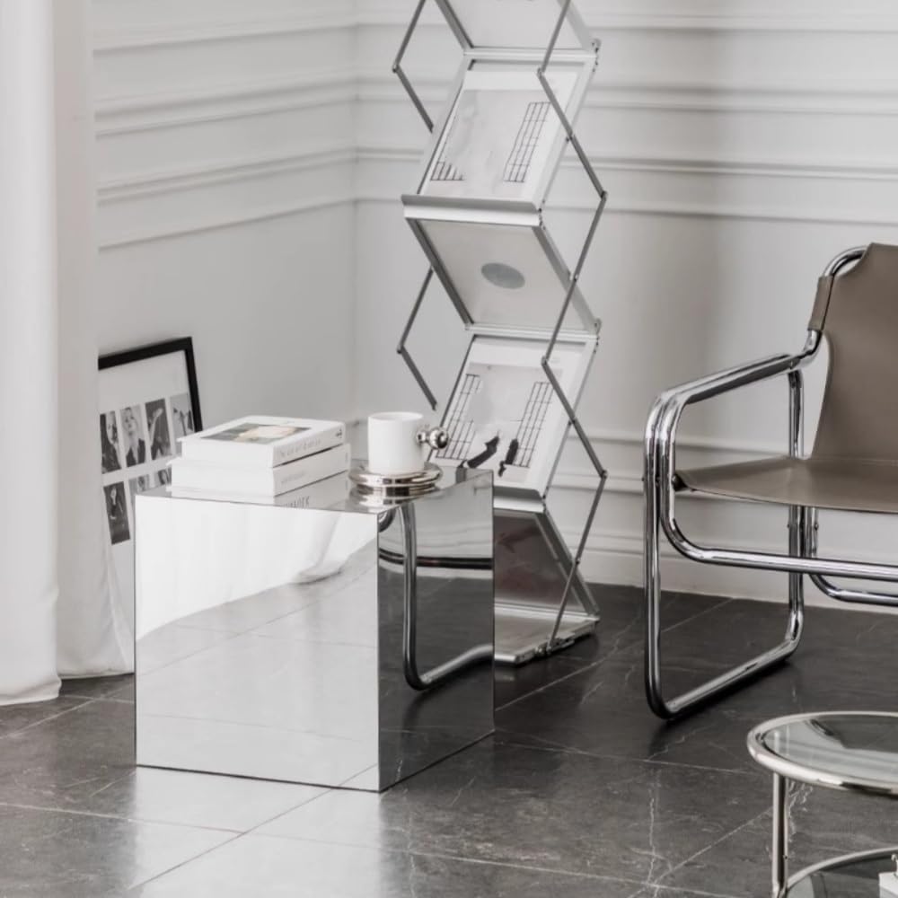 Mirrored Acrylic Cube End Table, Modern Square Side Table, Light Small Accent Night Stand for Living Room, End Table for Home Decor, Photography Props and Art Display(Silver,30cm/11.8in)